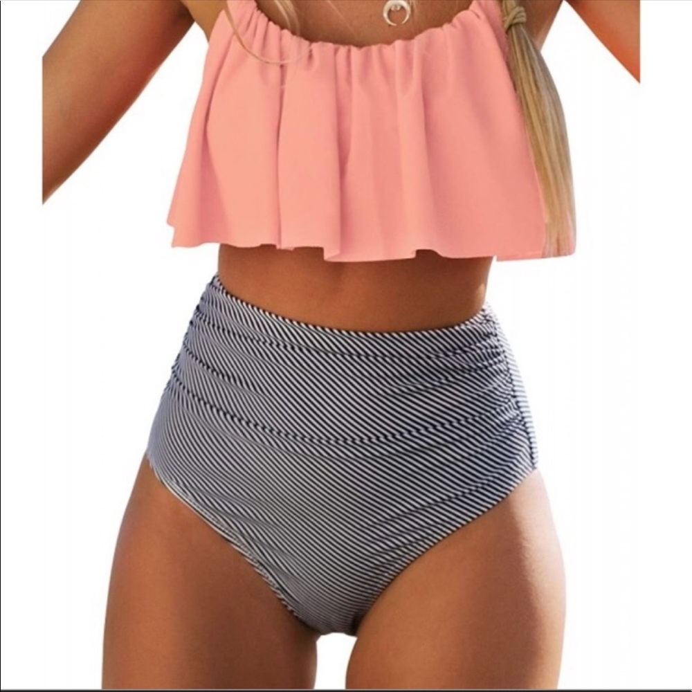 NWT Cupshe M High-Waisted Peach/Black/White Bikini